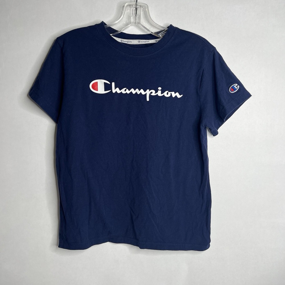 Champion Crop T-Shirt Womens Small Navy Spell Out Logo Crew‎ Short Sleeve New